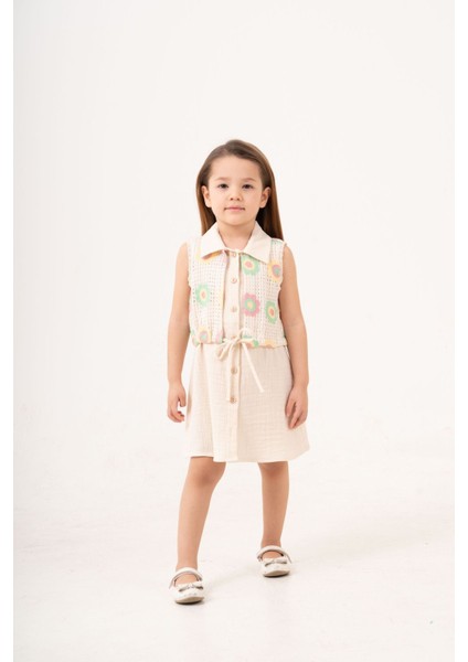 Çiçekli Kroşe Yelekli Kız Çocuk Müslin Elbise