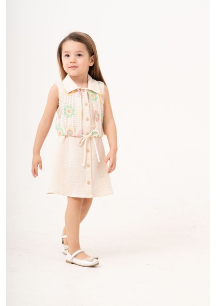 Çiçekli Kroşe Yelekli Kız Çocuk Müslin Elbise modelleri