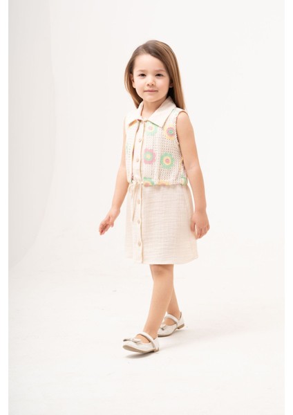 Çiçekli Kroşe Yelekli Kız Çocuk Müslin Elbise fırsatları