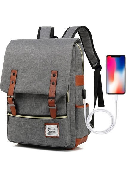 Erkek ve Kadın Bilgisayar Sırt Çantası USB Kişilik Retro Açık Tuval Büyük Seyahat Çantası (Yurt Dışından)