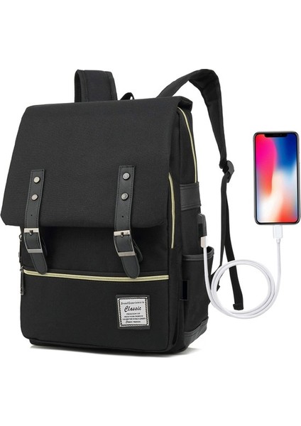 Erkek ve Kadın Bilgisayar Sırt Çantası USB Kişilik Retro Açık Tuval Büyük Seyahat Çantası (Yurt Dışından)