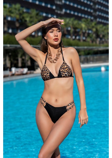 25113-1 Leopar Desenli Brezilya Kesim Lycra Kumaş Küçük Üçgen Bikini modelleri