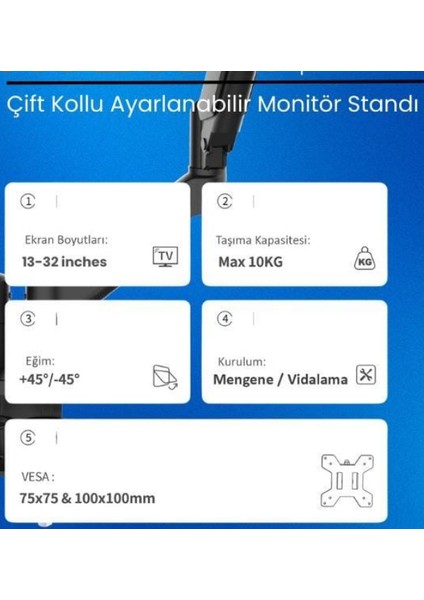Hareketli Çift Kollu Ayarlanabilir Monitör ve Tv Askı Aparatı 13'' ve 32'' Inc Arası Uyumlu fiyatları