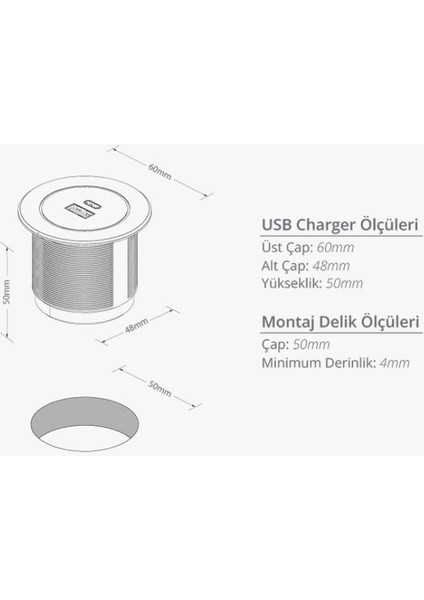 Circular Line Gömme Hızlı Şarj Modülleri, Usb, Soft Touch Siyah