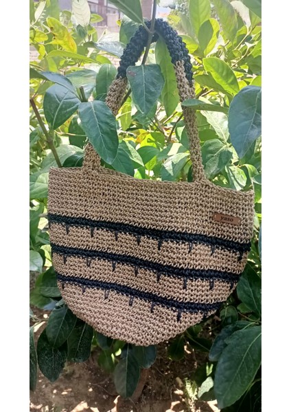 Çizgili El Örgüsü Hasır Kağıt Ip Sepet Çanta Kahverengi Siyah Plaj Çantası