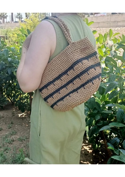 Çizgili El Örgüsü Hasır Kağıt Ip Sepet Çanta Kahverengi Siyah Plaj Çantası fiyatları