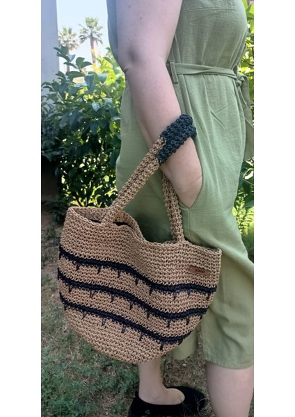 Çizgili El Örgüsü Hasır Kağıt Ip Sepet Çanta Kahverengi Siyah Plaj Çantası modelleri