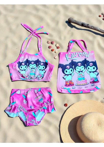 Kız Çocuk Karakter Baskılı Eteği Fırfırlı- Ip Bağlamalı Çanta Mayo Bikini 3 Lü Takım