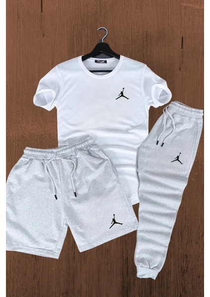 Jordan Baskılı Tshirt Şort Eşofman Şeti -Üçlü Set -%100 Pamuk Oversize Kalıp-Battal Kesim-Caglisa