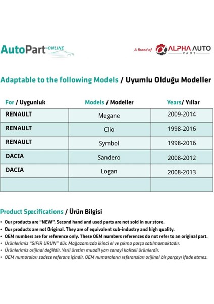 Renault Megane, Clio, Symbol için Kaput Takozu fiyatları