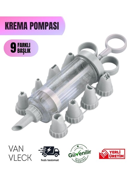 Krema Pompası – 9 Farklı Başlıklı Pasta Kurabiye Kek Süsleyici, Pratik Krema Sıkma Aparatı