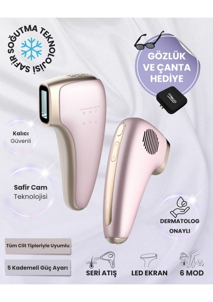 Sapphire Soğutma Özellikli IPL Lazer Epilasyon Aleti (Safir Cam) - Rosegold + Gözlük ve Çanta Hediyeli
