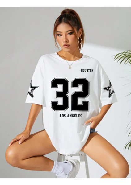 32 Los Angeles Houston Baskılı Beyaz Tshirt - %100 Pamuk Oversize Kadın Tshirt - Caglisa modelleri