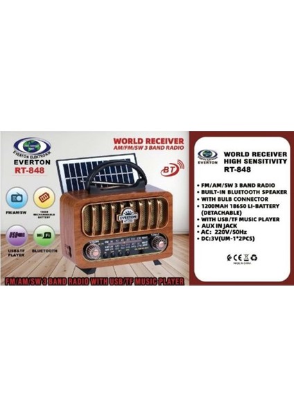 Everton RT-848 Nostaljik Görünümlü USB Sd Aux Bluetooth Destekli Solar Panelli Şarjlı + Pilli Radyo