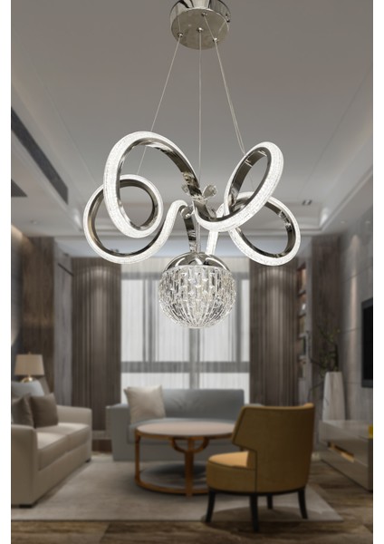 Kıvrım Tekli Kristal Top Simli Slikonlu Modern Oturma LED Avizesi