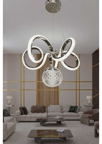 Kıvrım Tekli Kristal Top Simli Slikonlu Modern Oturma LED Avizesi