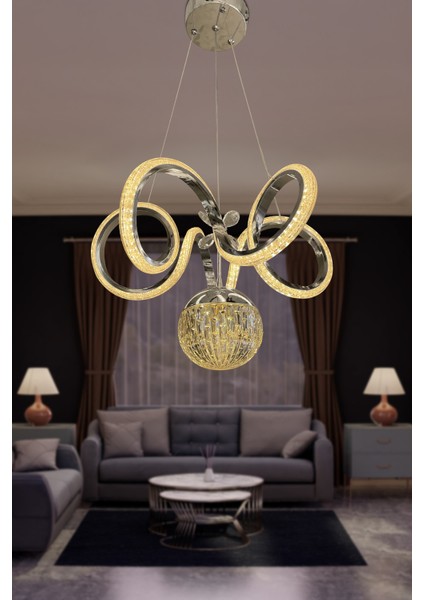 Kıvrım Tekli Kristal Top Simli Slikonlu Modern Oturma LED Avizesi