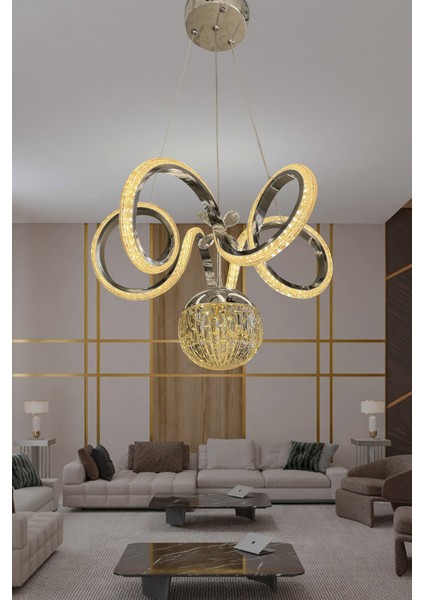 Kıvrım Tekli Kristal Top Simli Slikonlu Modern Oturma LED Avizesi