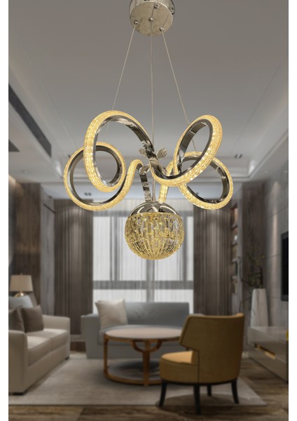 Kıvrım Tekli Kristal Top Simli Slikonlu Modern Oturma LED Avizesi