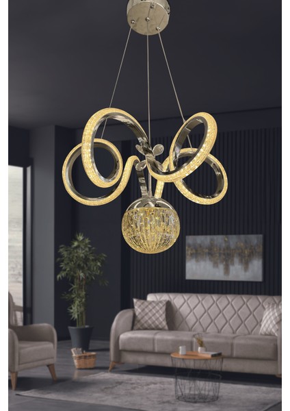 Kıvrım Tekli Kristal Top Simli Slikonlu Modern Oturma LED Avizesi