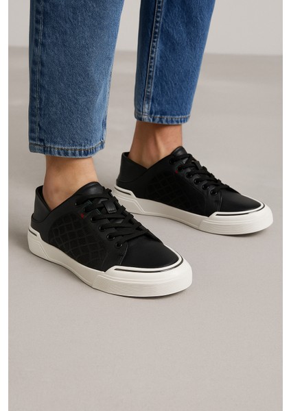 Siyah Deri Fileli Erkek Sneakers