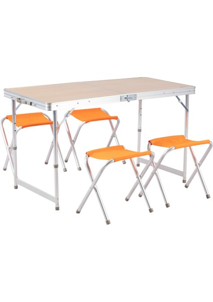 Alüminyum Katlanır Kamp Masası ve Tabure Seti – 4 Adet Tabure, 30 kg Kapasiteli MDF Masa, Taşınabilir Piknik Masası