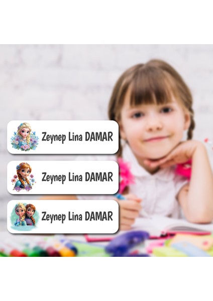 Kişiye Özel Okul Etiket Seti - 180 Adet - Kokusuz Ekolojik Mürekkep Pvc Etiket Sticker-Elsa ve Anna