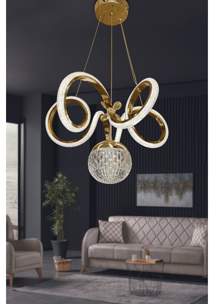 Kıvrım Tekli Kristal Top Simli Slikonlu Modern Oturma LED Avizesi