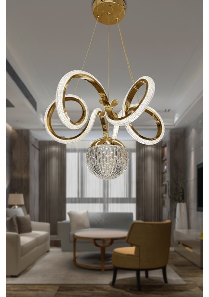 Kıvrım Tekli Kristal Top Simli Slikonlu Modern Oturma LED Avizesi modelleri