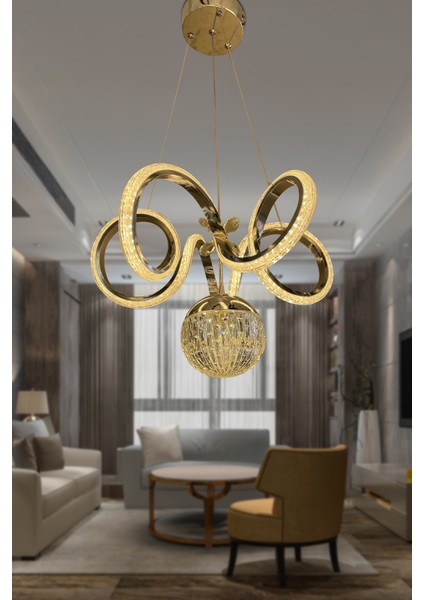 Kıvrım Tekli Kristal Top Simli Slikonlu Modern Oturma LED Avizesi