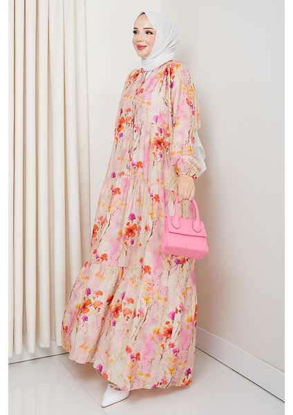 Çiçek Desenli Yarasa Kol Tesettür Elbise 1570 - Pembe