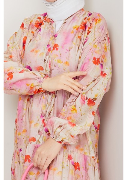 Çiçek Desenli Yarasa Kol Tesettür Elbise 1570 - Pembe fiyatları