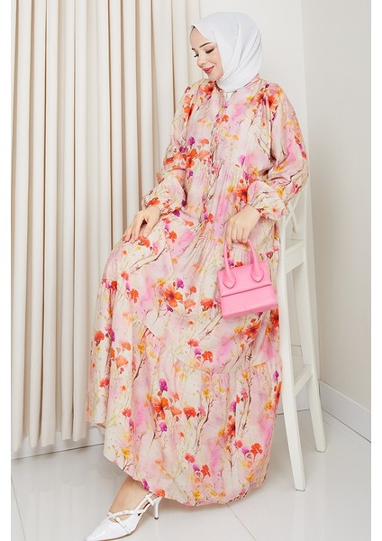 Çiçek Desenli Yarasa Kol Tesettür Elbise 1570 - Pembe modelleri
