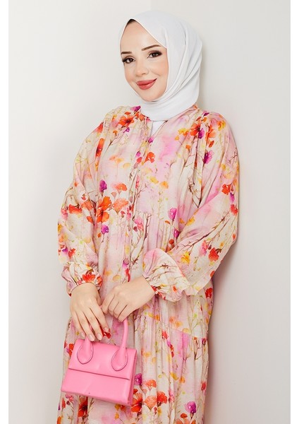 Çiçek Desenli Yarasa Kol Tesettür Elbise 1570 - Pembe fırsatları