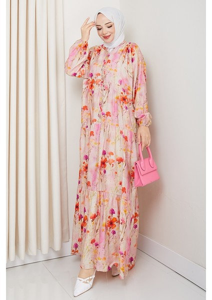 Çiçek Desenli Yarasa Kol Tesettür Elbise 1570 - Pembe indirimleri