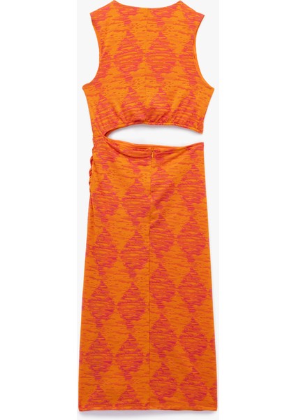 Asimetrik Pencere Detaylı Kolsuz Bisiklet Yaka Desenli Elbise fiyatları