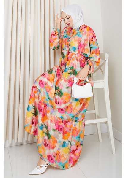 Ezra Yarasa Kol Tesettür Elbise 1574 - Turuncu