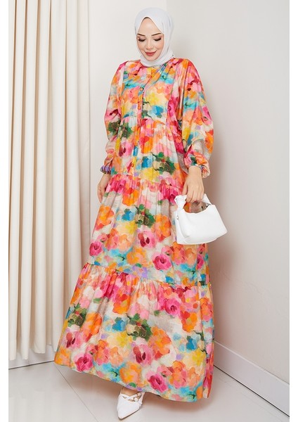 Ezra Yarasa Kol Tesettür Elbise 1574 - Turuncu modelleri