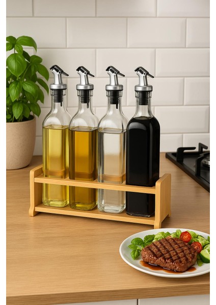 Cam Zeytinyağı ve Sirke Şişesi Seti Doğa Ahşap Tutucu 250ML Sızdırmaz Kapaklı Sos Yağdanlık Set Standlı 4'lü Set fiyatları