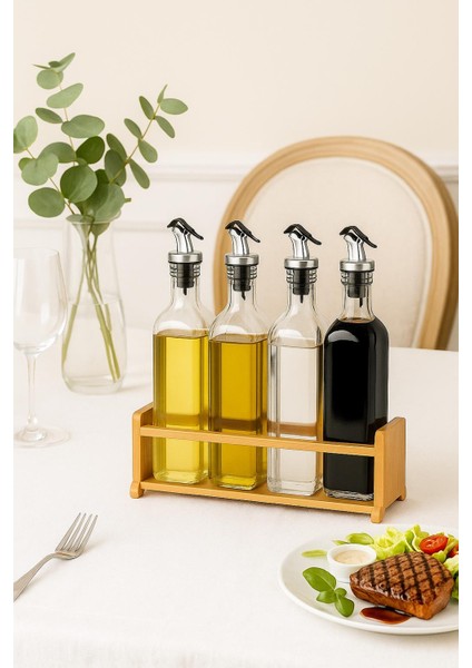 Cam Zeytinyağı ve Sirke Şişesi Seti Doğa Ahşap Tutucu 250ML Sızdırmaz Kapaklı Sos Yağdanlık Set Standlı 4'lü Set modelleri