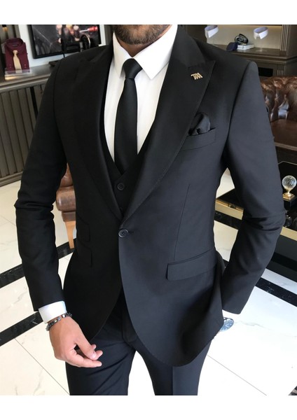 Italyan Stil Ceket Yelek Pantolon Takım Elbise Siyah T5584
