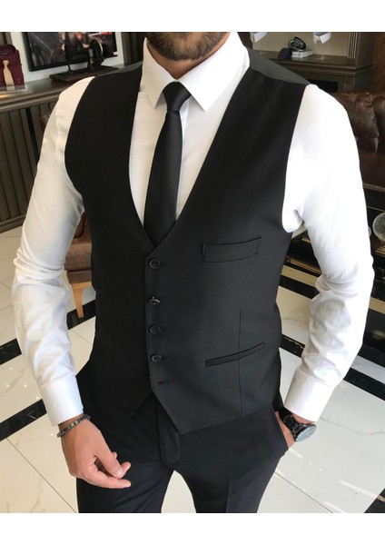 Italyan Stil Ceket Yelek Pantolon Takım Elbise Siyah T5584 indirimleri