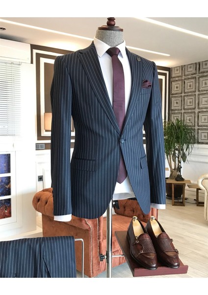 İtalyan Stil Slim Fit Çizgili Erkek Ceket Pantolon Takım Elbise Koyu Lacivert T4896 indirimleri