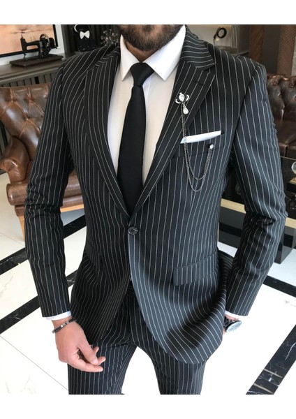 İtalyan stil slim fit çizgili erkek ceket pantolon takım elbise Siyah T4900