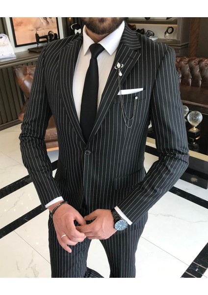 İtalyan stil slim fit çizgili erkek ceket pantolon takım elbise Siyah T4900 fiyatları