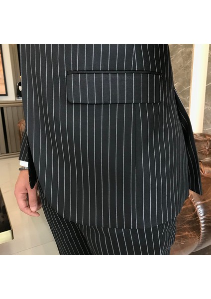 İtalyan stil slim fit çizgili erkek ceket pantolon takım elbise Siyah T4900 fırsatları