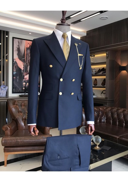 İtalyan Stil Kruvaze Ceket Pantolon Takım Elbise Lacivert T4339 modelleri