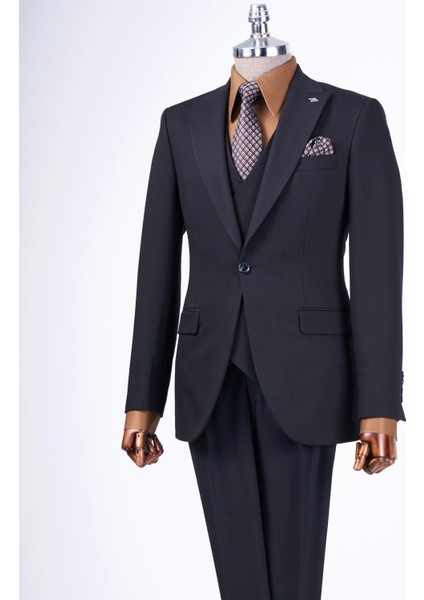 Italyan Stil Ceket Yelek Pantolon Takım Elbise Siyah T8614