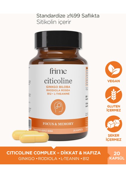 Focus, Enerji, Sitikolin, Rhodiola, Ginkgo Biloba, B12, L Theanine
