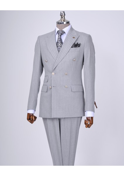 Italyan Stil Kruvaze Ceket Pantolon Takım Elbise Gri T7195 modelleri